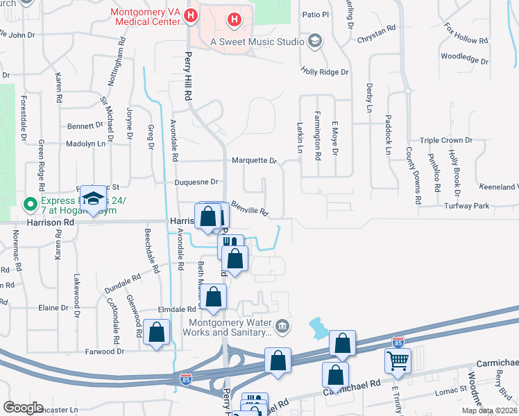 map of restaurants, bars, coffee shops, grocery stores, and more near 744 Duval Drive in Montgomery