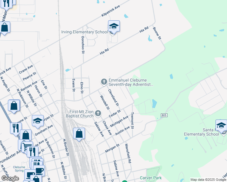 map of restaurants, bars, coffee shops, grocery stores, and more near 139 Pittman Street in Cleburne