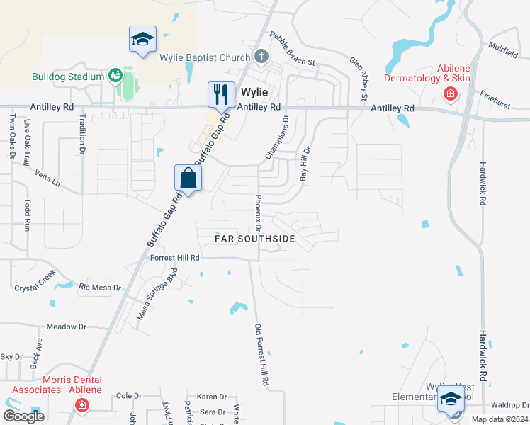 map of restaurants, bars, coffee shops, grocery stores, and more near 3950 Bay Hill Drive in Abilene