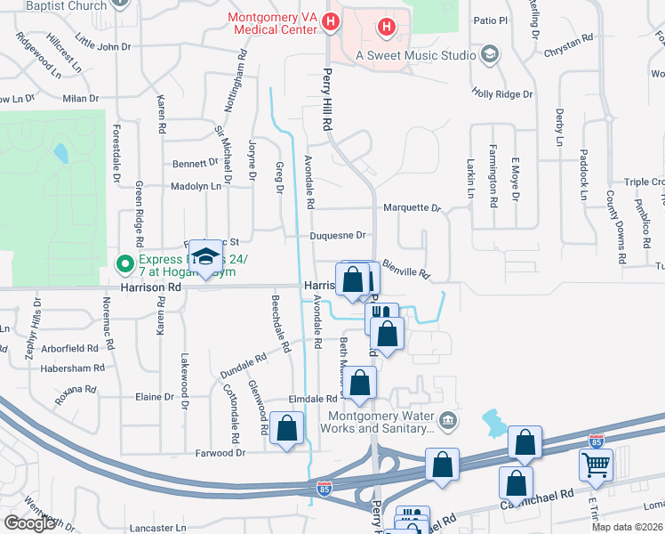 map of restaurants, bars, coffee shops, grocery stores, and more near 3814 Bienville Road in Montgomery