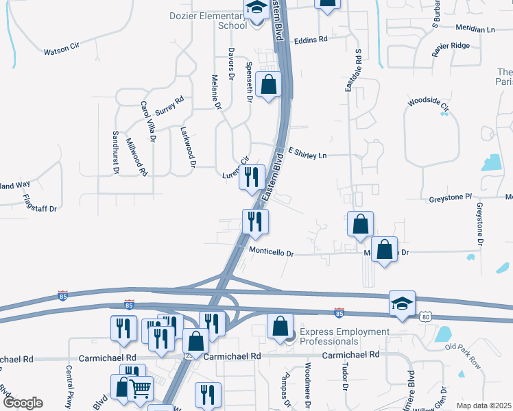 map of restaurants, bars, coffee shops, grocery stores, and more near 1080 Eastern Blvd in Montgomery