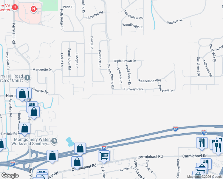 map of restaurants, bars, coffee shops, grocery stores, and more near 631-637 County Downs Road in Montgomery