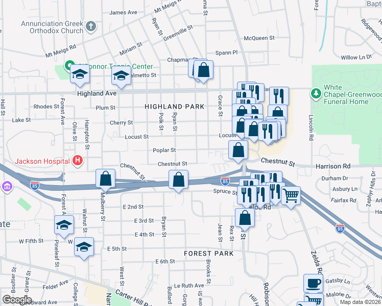 map of restaurants, bars, coffee shops, grocery stores, and more near 2535 Poplar Street in Montgomery