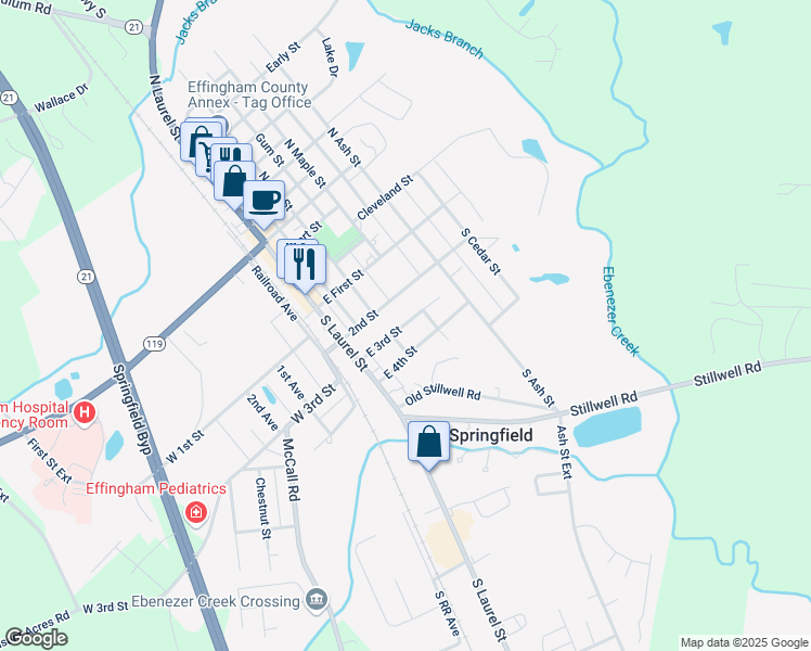 map of restaurants, bars, coffee shops, grocery stores, and more near 405 2nd Street in Springfield