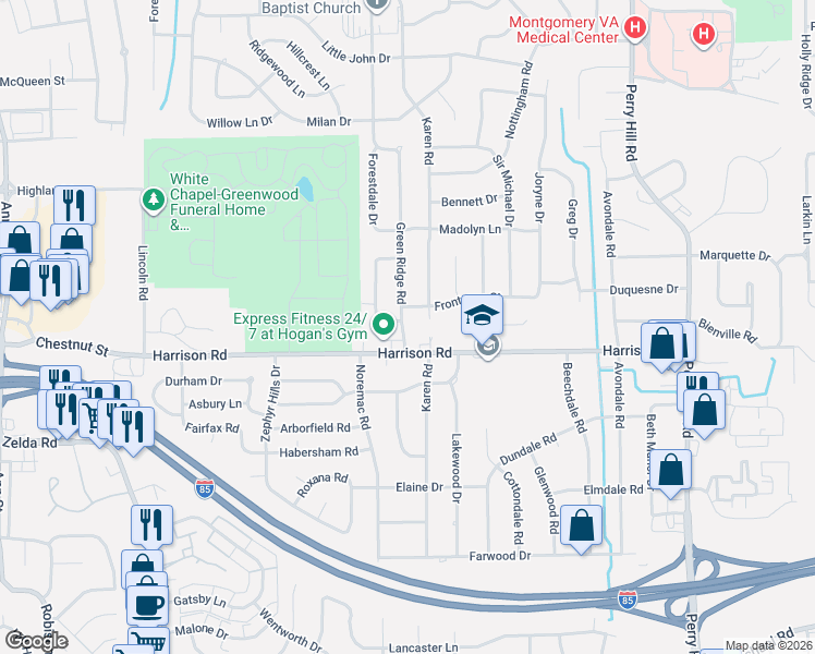 map of restaurants, bars, coffee shops, grocery stores, and more near 3500-3598 Frontenac Street in Montgomery