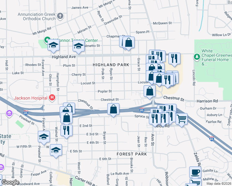 map of restaurants, bars, coffee shops, grocery stores, and more near 2501 Poplar Street in Montgomery