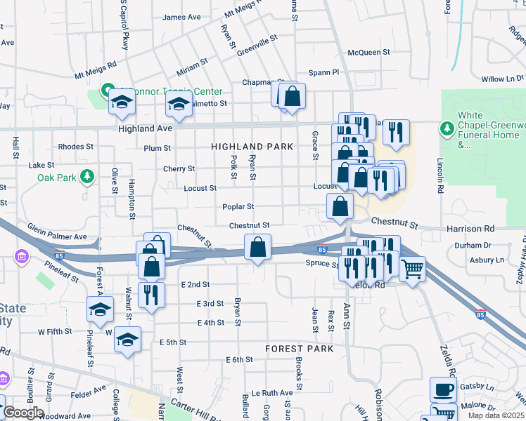 map of restaurants, bars, coffee shops, grocery stores, and more near 2501 Poplar Street in Montgomery