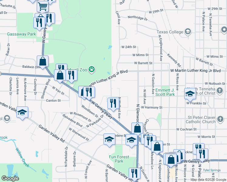map of restaurants, bars, coffee shops, grocery stores, and more near 1802 Wolford Avenue in Tyler