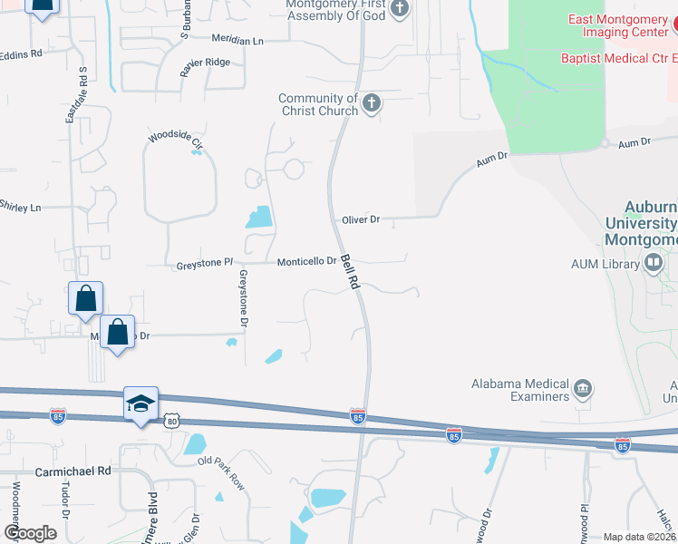 map of restaurants, bars, coffee shops, grocery stores, and more near 6228 Monticello Drive in Montgomery