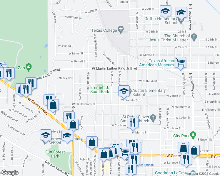 map of restaurants, bars, coffee shops, grocery stores, and more near 1716 North Ross Avenue in Tyler