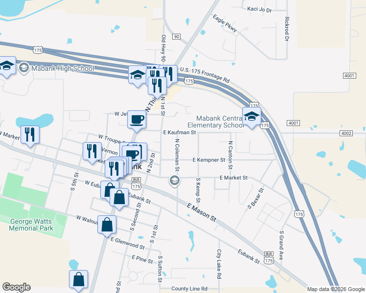 map of restaurants, bars, coffee shops, grocery stores, and more near 410 East Kaufman Street in Mabank