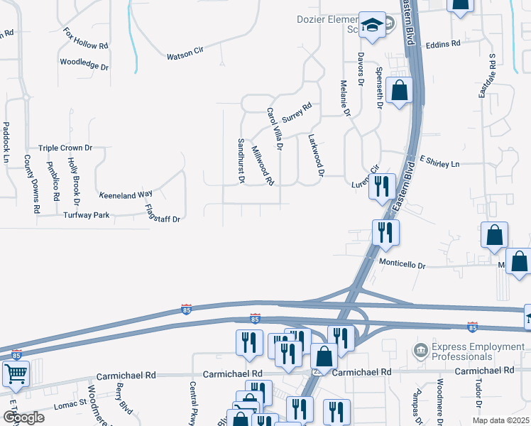 map of restaurants, bars, coffee shops, grocery stores, and more near 5149 George Green Drive East in Montgomery