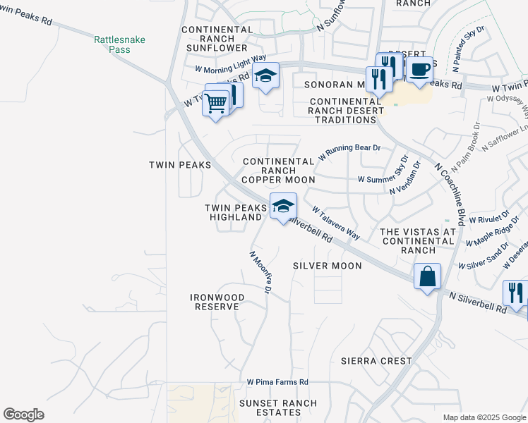 map of restaurants, bars, coffee shops, grocery stores, and more near 8946 North School Hill Drive in Tucson