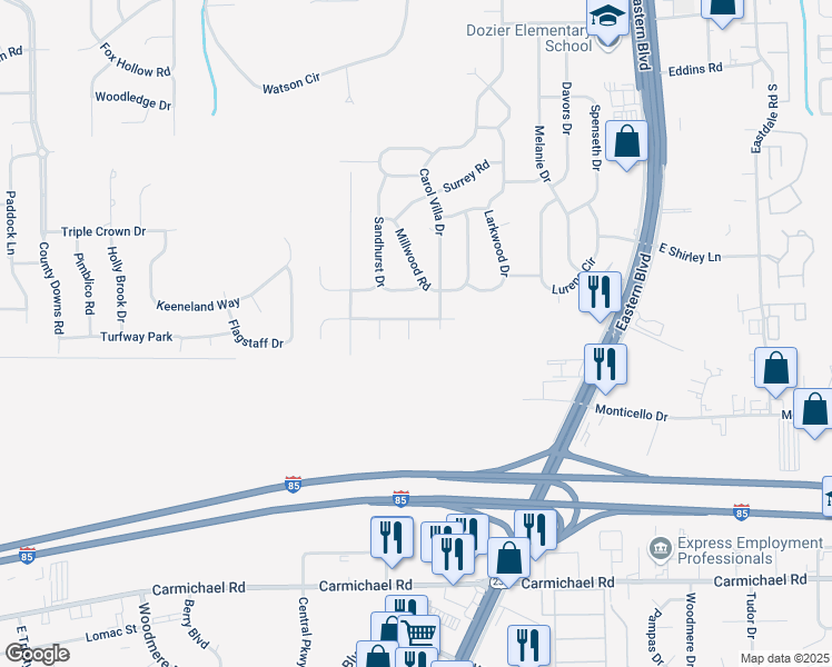 map of restaurants, bars, coffee shops, grocery stores, and more near 5149 George Green Drive East in Montgomery