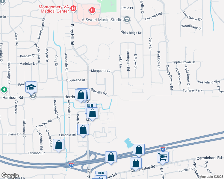 map of restaurants, bars, coffee shops, grocery stores, and more near 738 Marquette Drive in Montgomery