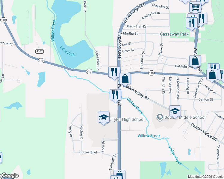 map of restaurants, bars, coffee shops, grocery stores, and more near 1624 North Northwest Loop 323 in Tyler