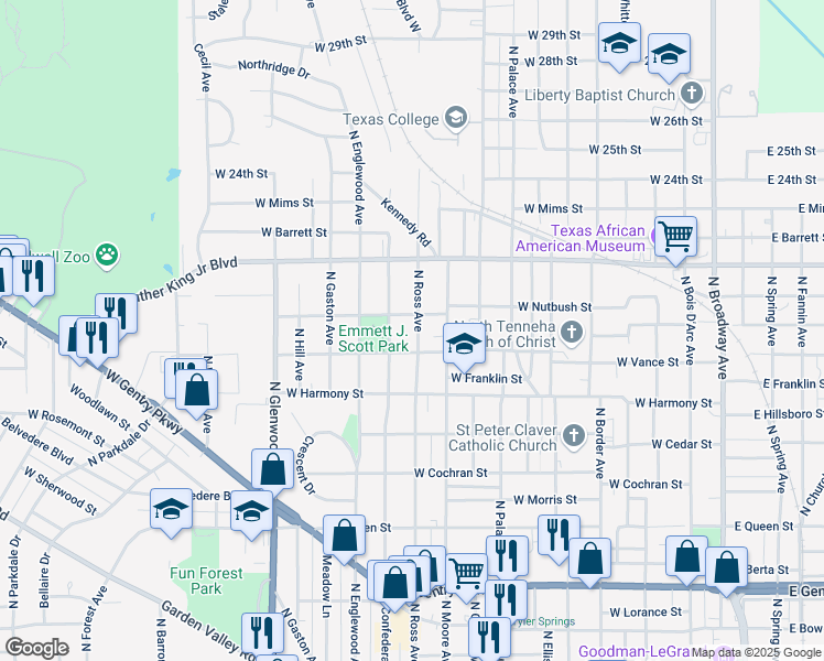 map of restaurants, bars, coffee shops, grocery stores, and more near 1718 North Ross Avenue in Tyler