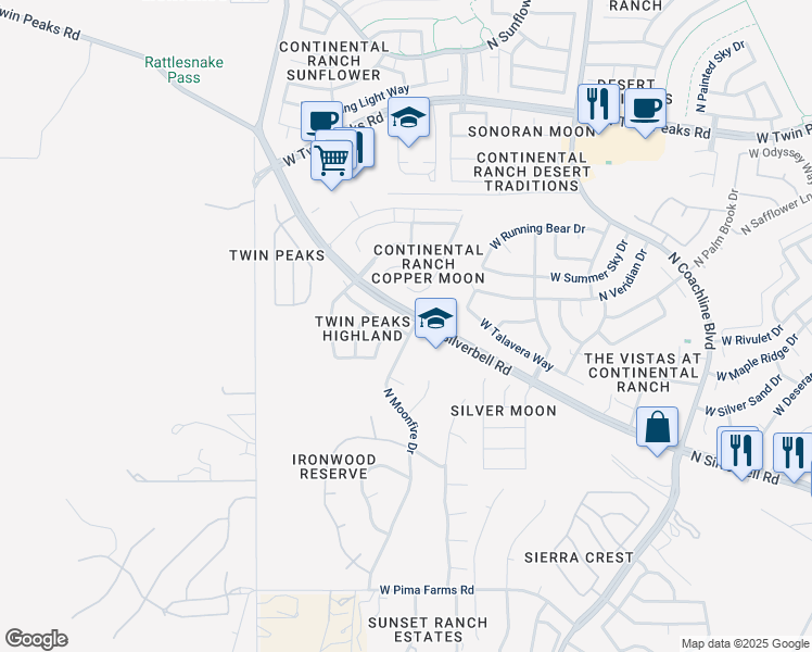 map of restaurants, bars, coffee shops, grocery stores, and more near 8946 North School Hill Drive in Tucson