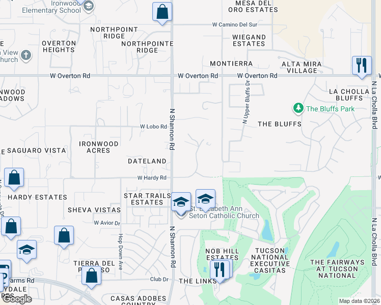map of restaurants, bars, coffee shops, grocery stores, and more near 8911 North National Sky Place in Tucson