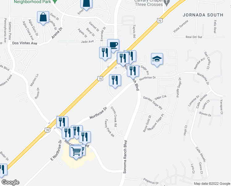 map of restaurants, bars, coffee shops, grocery stores, and more near 4101 Northrise Drive in Las Cruces