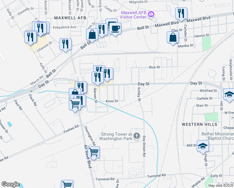 map of restaurants, bars, coffee shops, grocery stores, and more near 624 Kimball St in Montgomery