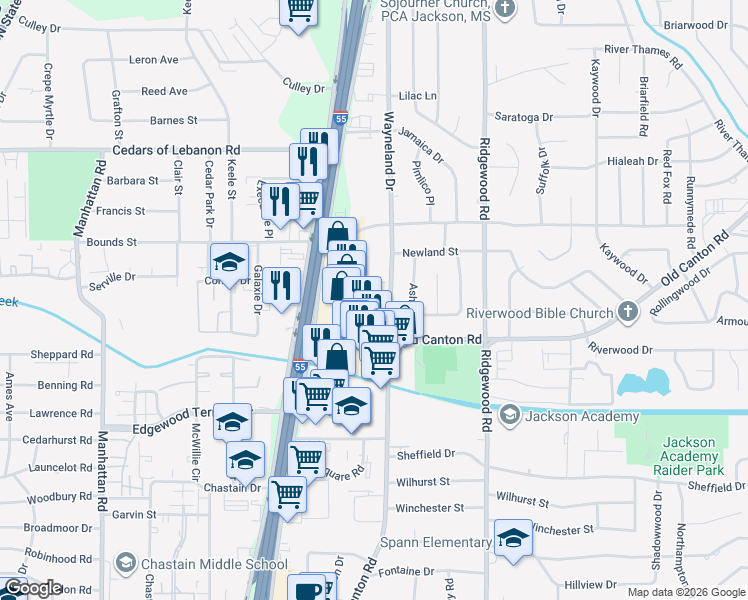 map of restaurants, bars, coffee shops, grocery stores, and more near 5025 Wayneland Drive in Jackson