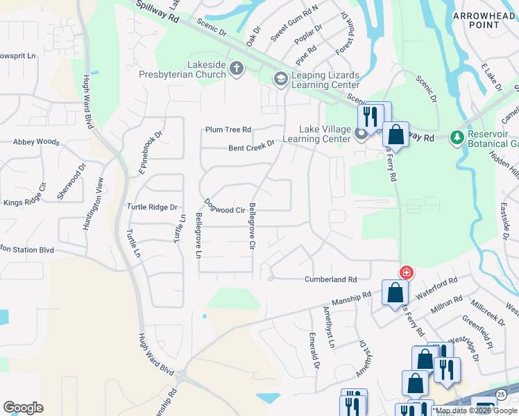 map of restaurants, bars, coffee shops, grocery stores, and more near 136 Dogwood Circle in Brandon