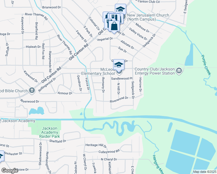 map of restaurants, bars, coffee shops, grocery stores, and more near 5185 Sunnyvale Drive in Jackson
