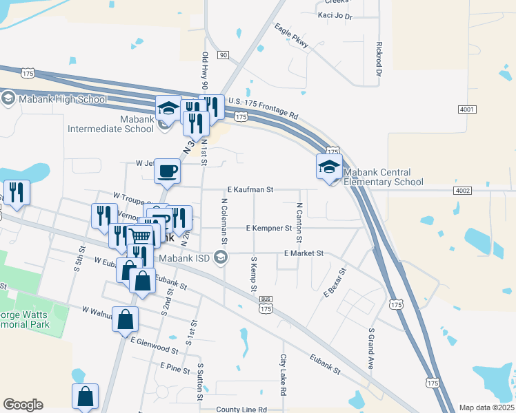 map of restaurants, bars, coffee shops, grocery stores, and more near 216 North Kemp Street in Mabank