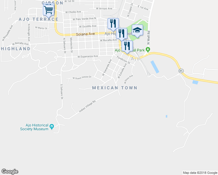 map of restaurants, bars, coffee shops, grocery stores, and more near 515 West Hospital Road in Ajo