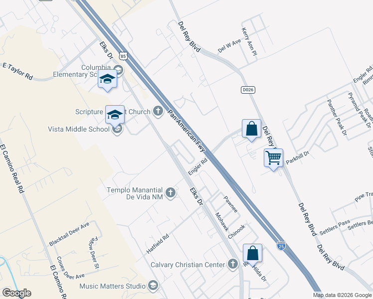 map of restaurants, bars, coffee shops, grocery stores, and more near Valle Del Luz Circle in Las Cruces