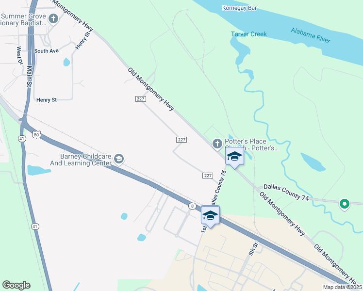 map of restaurants, bars, coffee shops, grocery stores, and more near 1 County Road 227 in Selma