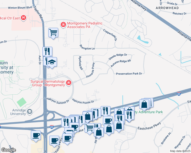 map of restaurants, bars, coffee shops, grocery stores, and more near 1101 Autumn Ridge Road in Montgomery