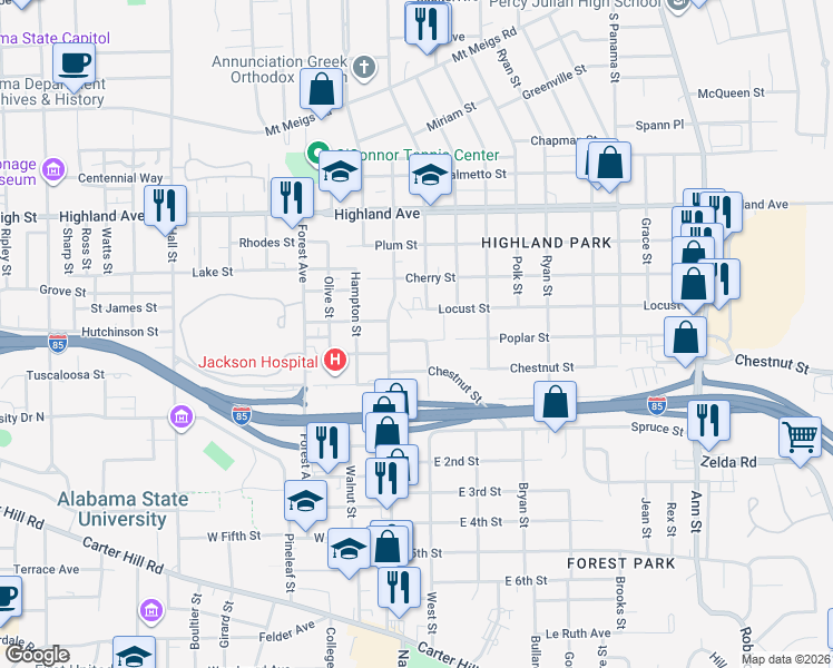 map of restaurants, bars, coffee shops, grocery stores, and more near 1910 Locust Street in Montgomery