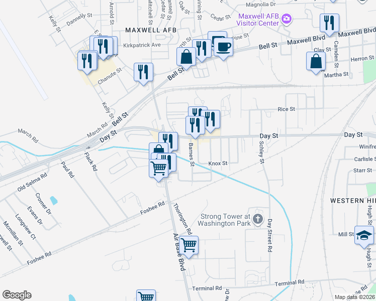 map of restaurants, bars, coffee shops, grocery stores, and more near 613 Cortez Street in Montgomery