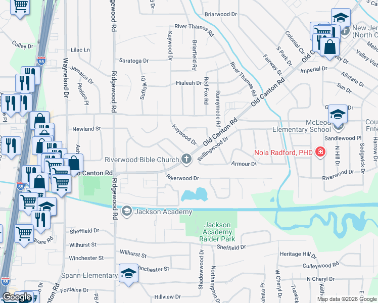 map of restaurants, bars, coffee shops, grocery stores, and more near 5105 Kaywood Drive in Jackson
