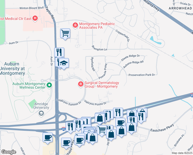 map of restaurants, bars, coffee shops, grocery stores, and more near 848 Ryefield Road in Montgomery