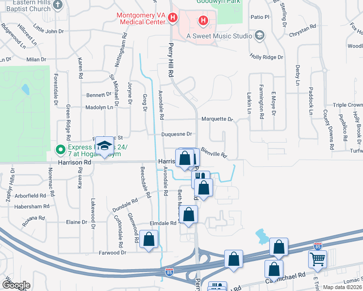 map of restaurants, bars, coffee shops, grocery stores, and more near 3831 Bienville Road in Montgomery