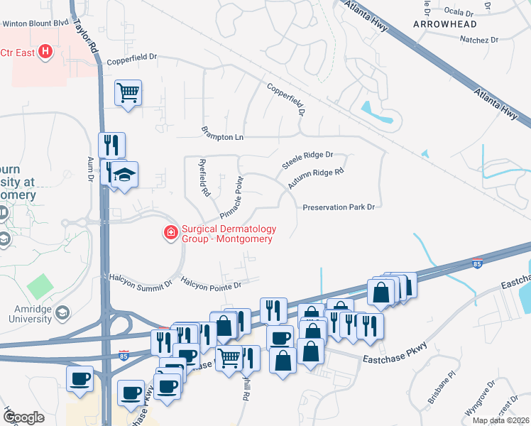 map of restaurants, bars, coffee shops, grocery stores, and more near 1142 Autumn Ridge Road in Montgomery