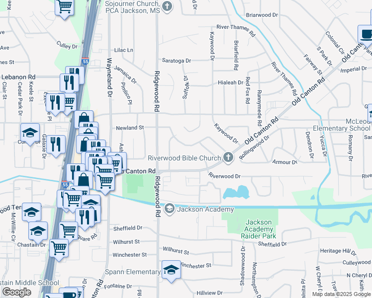 map of restaurants, bars, coffee shops, grocery stores, and more near 917 Newland Street in Jackson