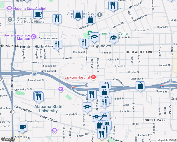map of restaurants, bars, coffee shops, grocery stores, and more near 1704 Park Place in Montgomery