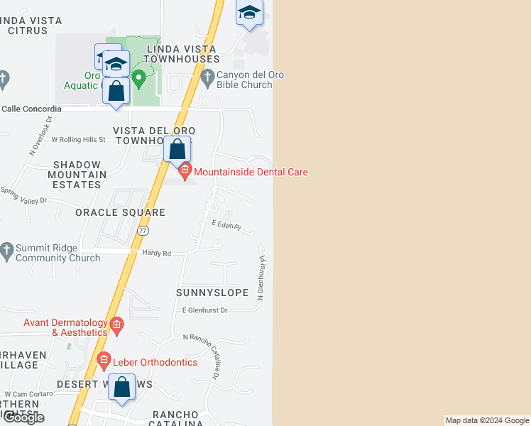 map of restaurants, bars, coffee shops, grocery stores, and more near 570 East San Moritz Place in Oro Valley