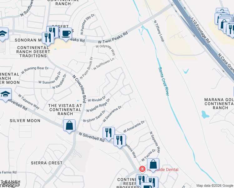 map of restaurants, bars, coffee shops, grocery stores, and more near 7120 West Canebrake Drive in Tucson