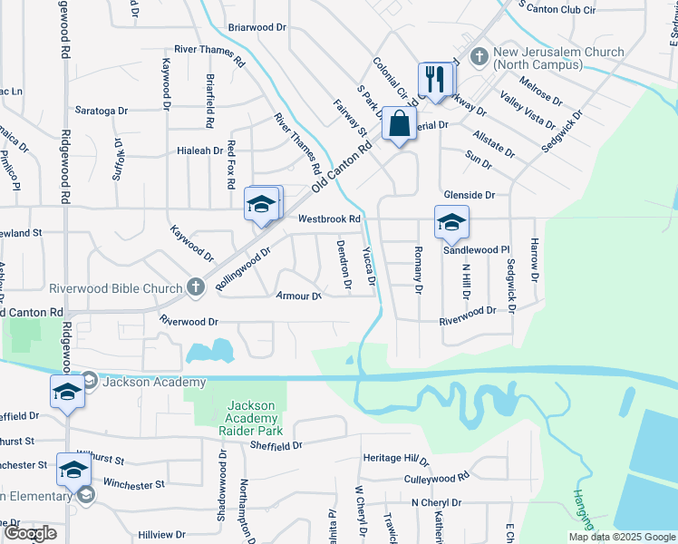 map of restaurants, bars, coffee shops, grocery stores, and more near 123 Dendron Drive in Jackson