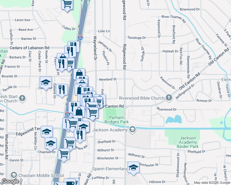 map of restaurants, bars, coffee shops, grocery stores, and more near 218 Pimlico Place in Jackson