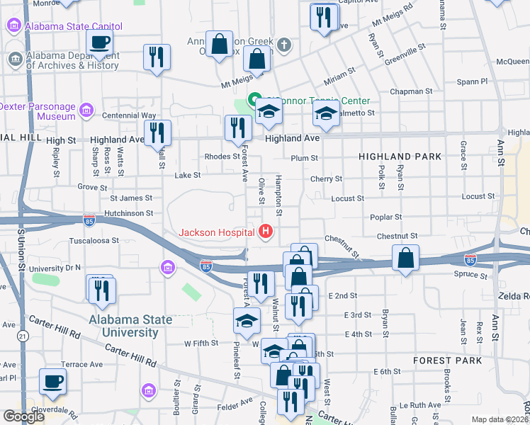 map of restaurants, bars, coffee shops, grocery stores, and more near 1704 Park Pl in Montgomery
