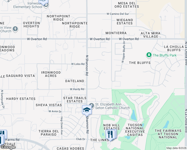 map of restaurants, bars, coffee shops, grocery stores, and more near 8911 North National Sky Place in Tucson