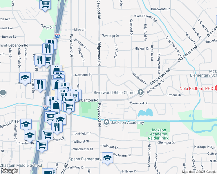 map of restaurants, bars, coffee shops, grocery stores, and more near 5051 Canton Heights Drive in Jackson