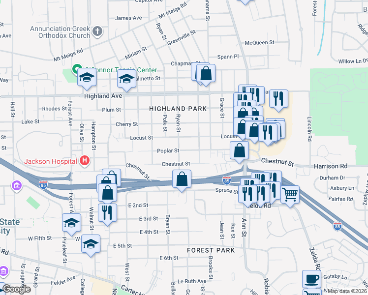map of restaurants, bars, coffee shops, grocery stores, and more near 2501 Poplar Street in Montgomery