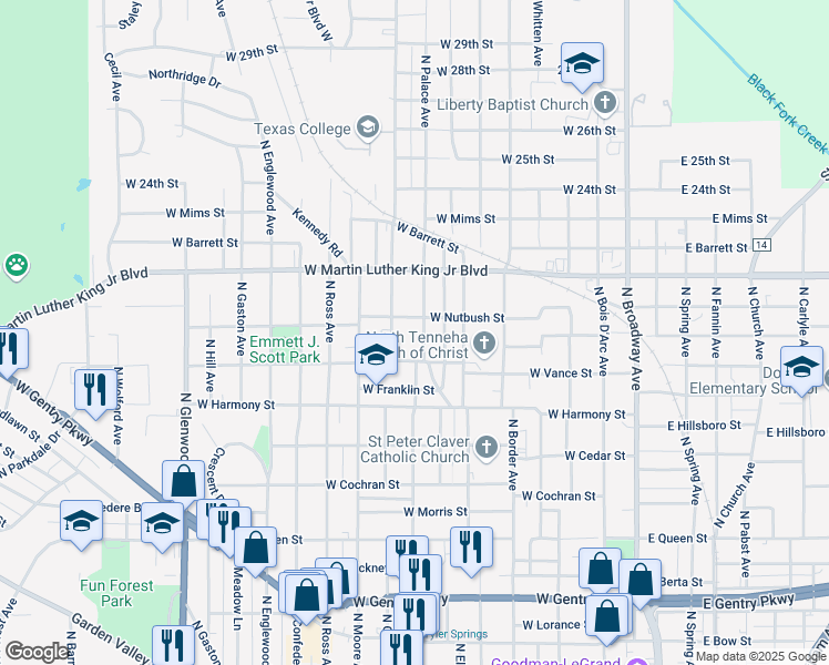 map of restaurants, bars, coffee shops, grocery stores, and more near 1724 N Palace Ave in Tyler